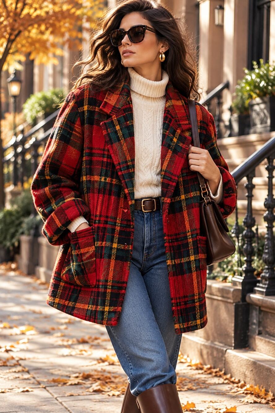 Vintage 1980's Express Red Tartan Plaid Wool Oversized Blazer Coat USA XS